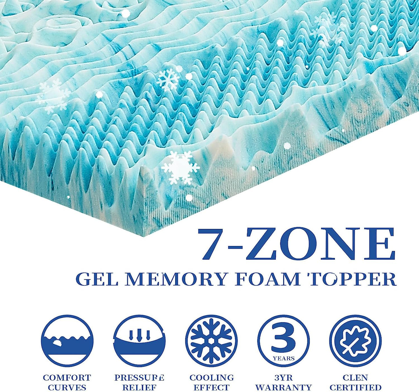 3 Inch Queen Mattress Topper 7-Zone Memory Foam - Cooling Gel Infused