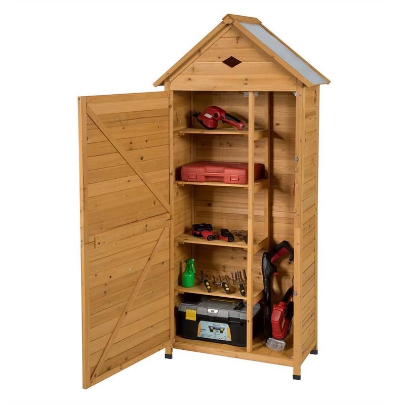 70" Wood Outdoor Storage Shed Lockable Garden Tools Storage Cabinet with 5 Shelves, Galvanized Sheet Roof