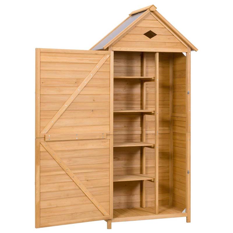 70" Wood Outdoor Storage Shed Lockable Garden Tools Storage Cabinet with 5 Shelves, Galvanized Sheet Roof