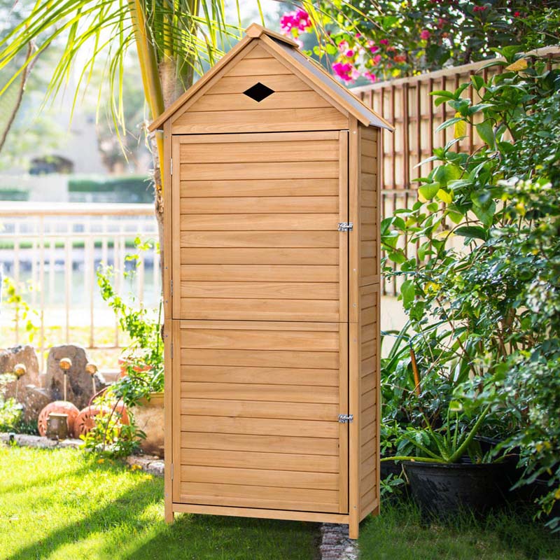 70" Wood Outdoor Storage Shed Lockable Garden Tools Storage Cabinet with 5 Shelves, Galvanized Sheet Roof