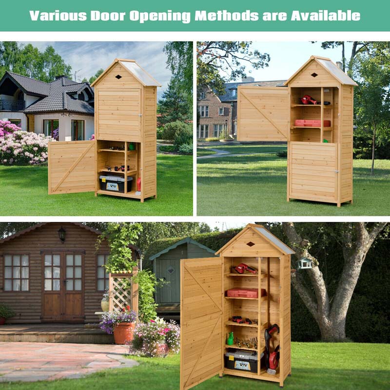 70" Wood Outdoor Storage Shed Lockable Garden Tools Storage Cabinet with 5 Shelves, Galvanized Sheet Roof