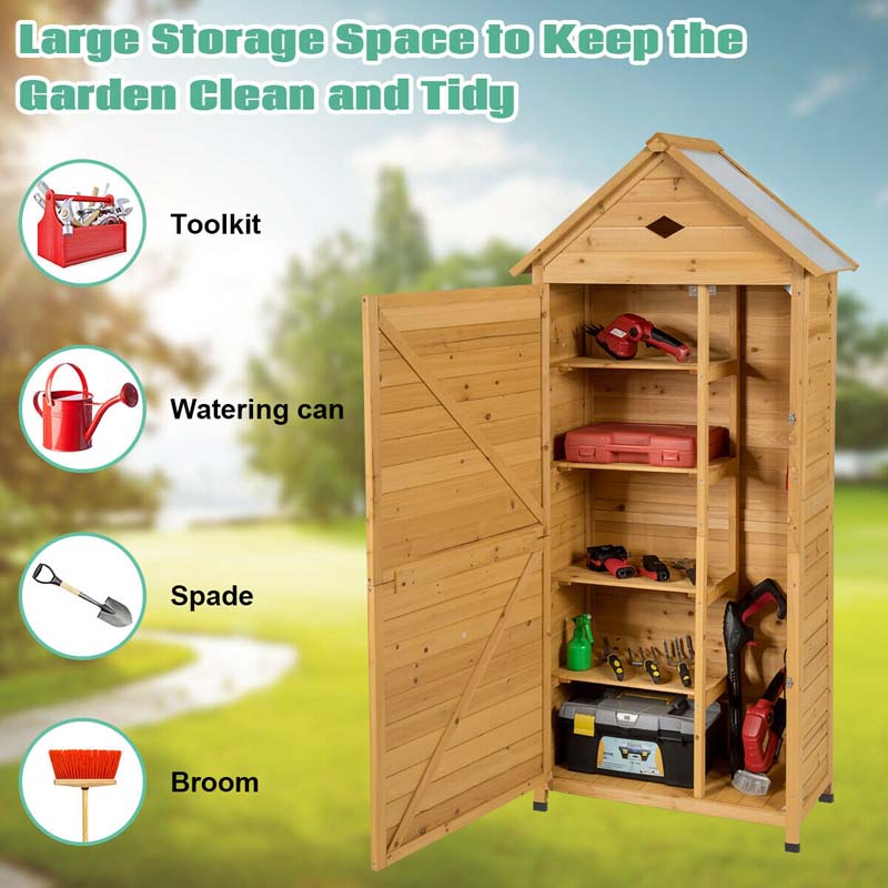 70" Wood Outdoor Storage Shed Lockable Garden Tools Storage Cabinet with 5 Shelves, Galvanized Sheet Roof