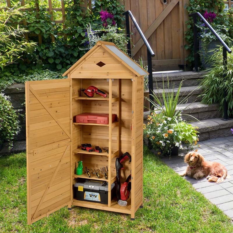 70" Wood Outdoor Storage Shed Lockable Garden Tools Storage Cabinet with 5 Shelves, Galvanized Sheet Roof