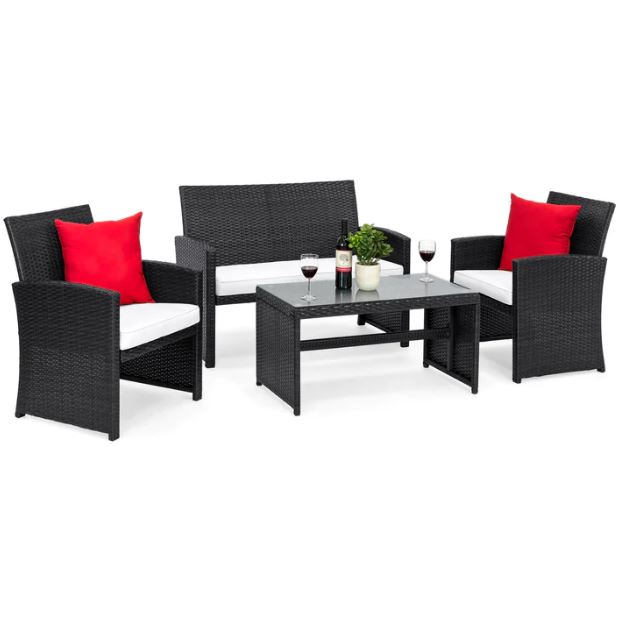 4-Piece Outdoor Wicker Conversation Patio Set w/ 4 Seats, Glass Table Top