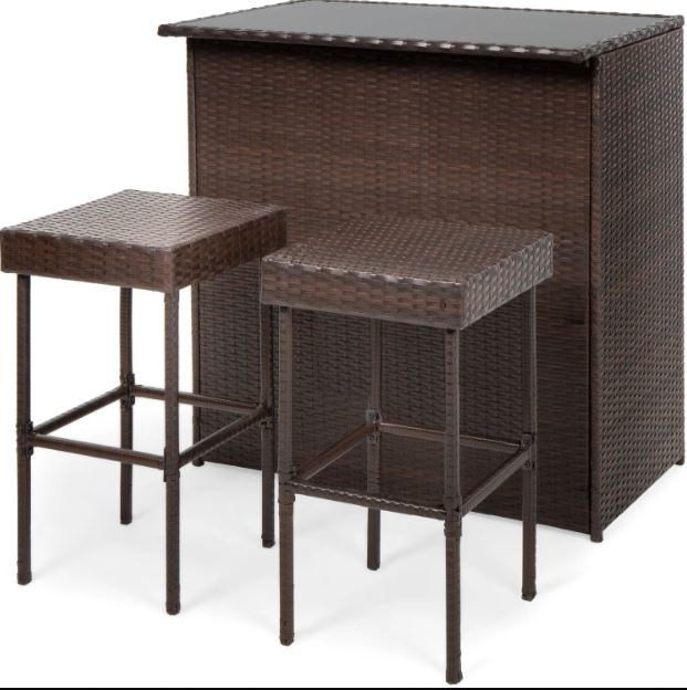 3-Piece Outdoor All-Weather Wicker Bar Table Set w/ 2 Stools