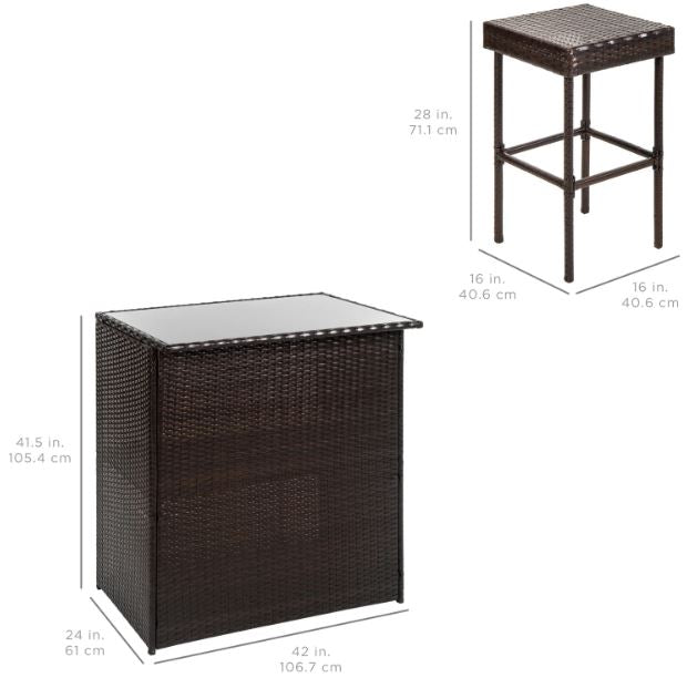 3-Piece Outdoor All-Weather Wicker Bar Table Set w/ 2 Stools