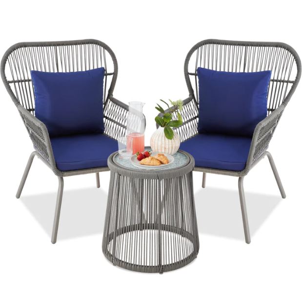 3-Piece Patio Wicker Conversation Bistro Set w/ 2 Chairs, Glass Top Table