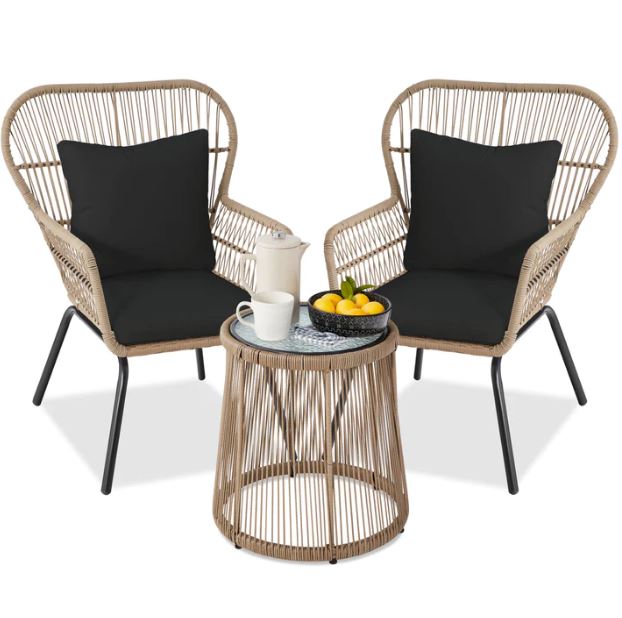 3-Piece Patio Wicker Conversation Bistro Set w/ 2 Chairs, Glass Top Table