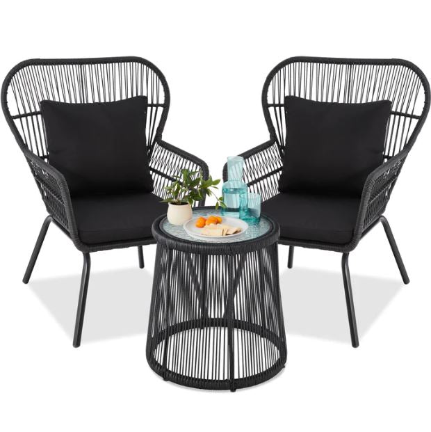 3-Piece Patio Wicker Conversation Bistro Set w/ 2 Chairs, Glass Top Table