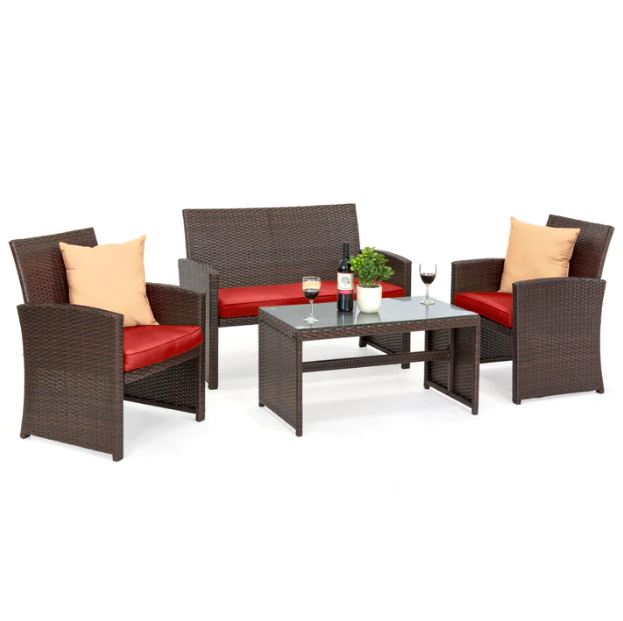 4-Piece Outdoor Wicker Conversation Patio Set w/ 4 Seats, Glass Table Top