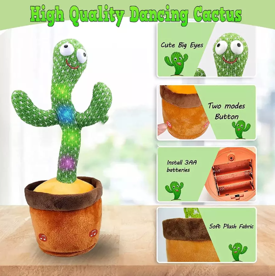 Kids Talking & Dancing Cactus Toy – Interactive Singing Plush with LED & Music