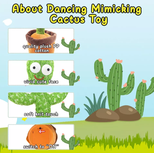 Kids Talking & Dancing Cactus Toy – Interactive Singing Plush with LED & Music