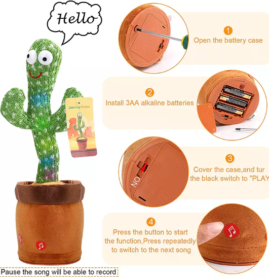 Kids Talking & Dancing Cactus Toy – Interactive Singing Plush with LED & Music