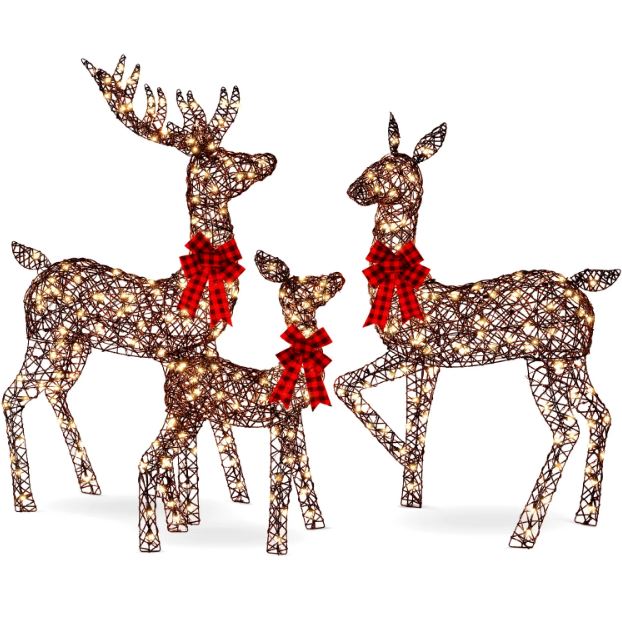 3-Piece Lighted Rattan Deer Family Outdoor Decor Set w/ 360 Lights