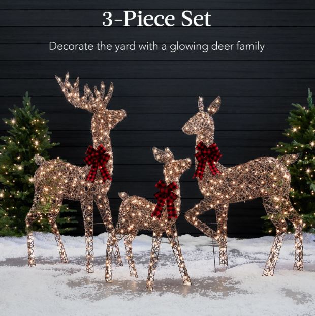 3-Piece Lighted Rattan Deer Family Outdoor Decor Set w/ 360 Lights