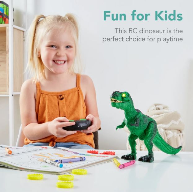 Kids Remote Control Dinosaur T-Rex w/ Light-Up LED Eyes, Roaring Sounds