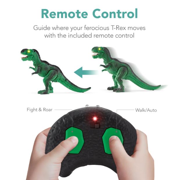 Kids Remote Control Dinosaur T-Rex w/ Light-Up LED Eyes, Roaring Sounds