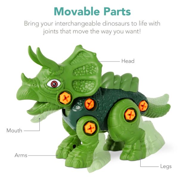 86-Piece Pack of 3 Toy Dinosaurs, STEM Set w/ Lights & Sounds, Movable Parts