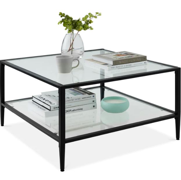 2-Tier Large Square Coffee Table Living Room Accent w/ Glass Top - 32"