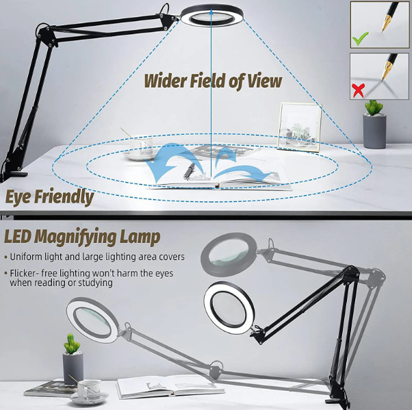 8X Magnifying Glass Clip-On Desk Light for Reading and Crafting