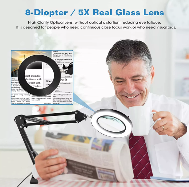 8X Magnifying Glass Clip-On Desk Light for Reading and Crafting