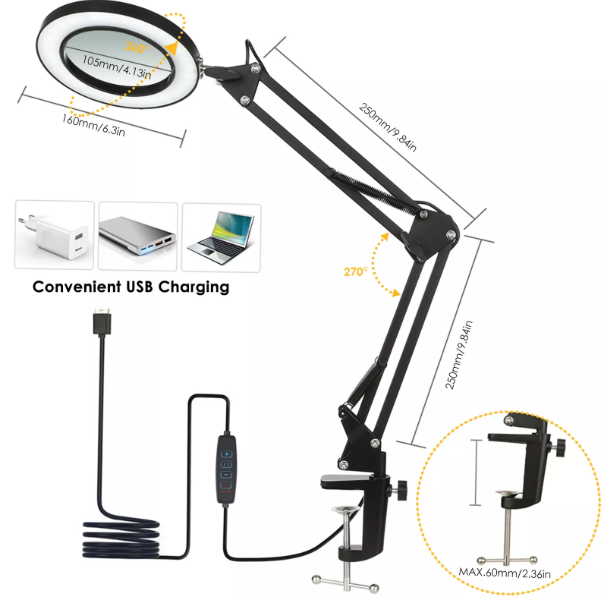 8X Magnifying Glass Clip-On Desk Light for Reading and Crafting