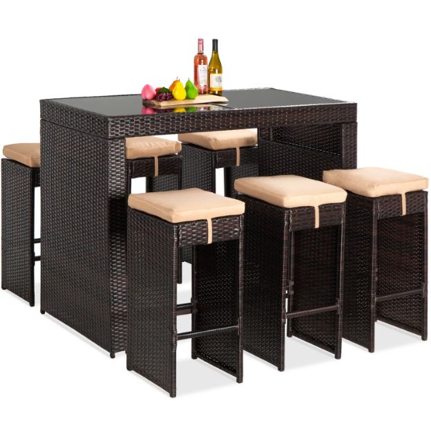 7-Piece Wicker Bar Patio Dining Set w/ Glass Table Top, 6 Stools