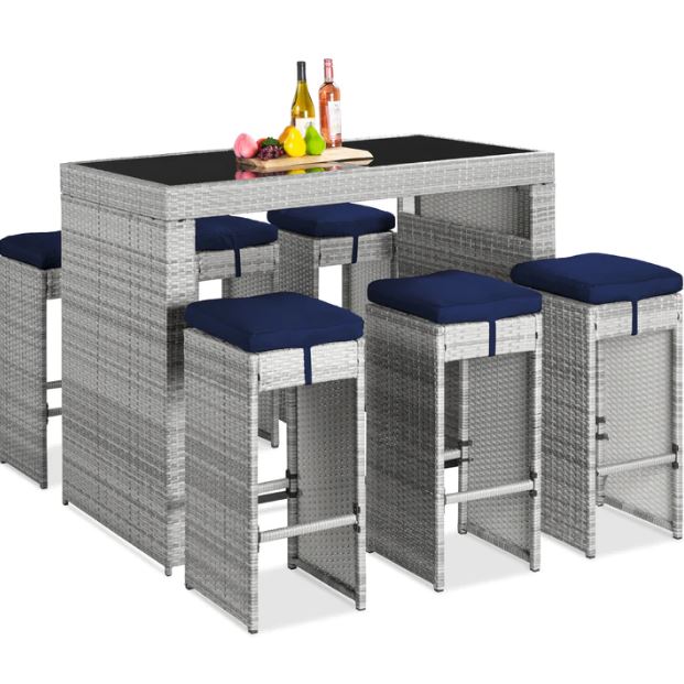 7-Piece Wicker Bar Patio Dining Set w/ Glass Table Top, 6 Stools