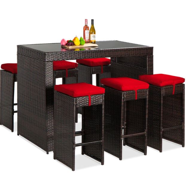 7-Piece Wicker Bar Patio Dining Set w/ Glass Table Top, 6 Stools