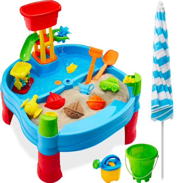 Kids Outdoor Sand & Water Table w/ 18 Accessories, Adjustable Umbrella