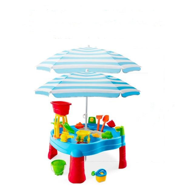 Kids Outdoor Sand & Water Table w/ 18 Accessories, Adjustable Umbrella