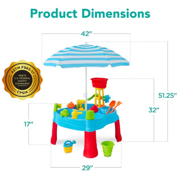 Kids Outdoor Sand & Water Table w/ 18 Accessories, Adjustable Umbrella