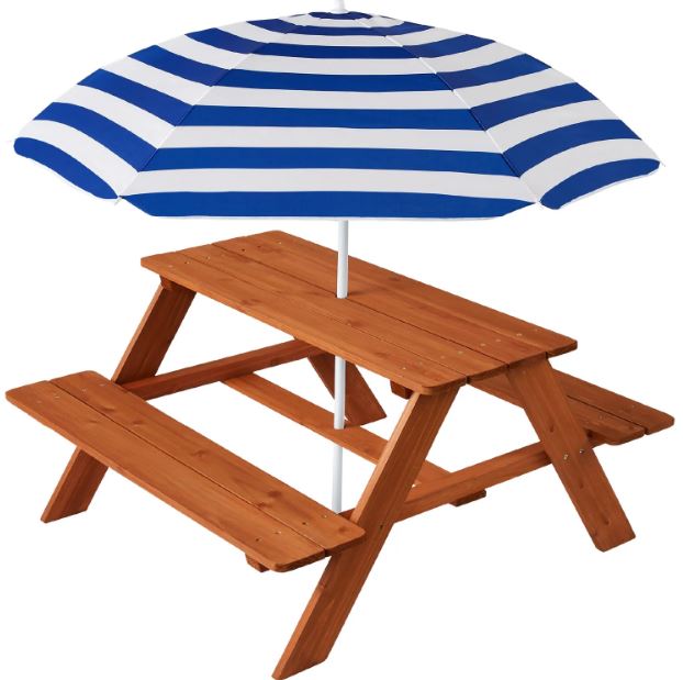 Kids Wooden Outdoor Picnic Table w/ Adjustable Umbrella, Built-In Seats