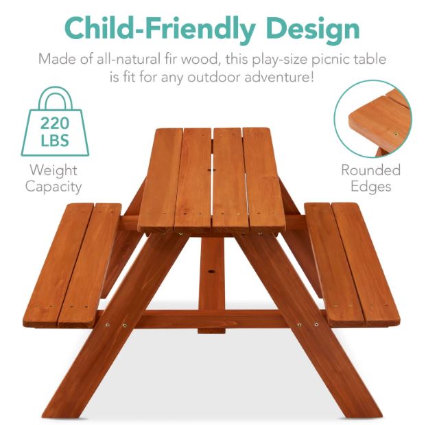 Kids Wooden Outdoor Picnic Table w/ Adjustable Umbrella, Built-In Seats