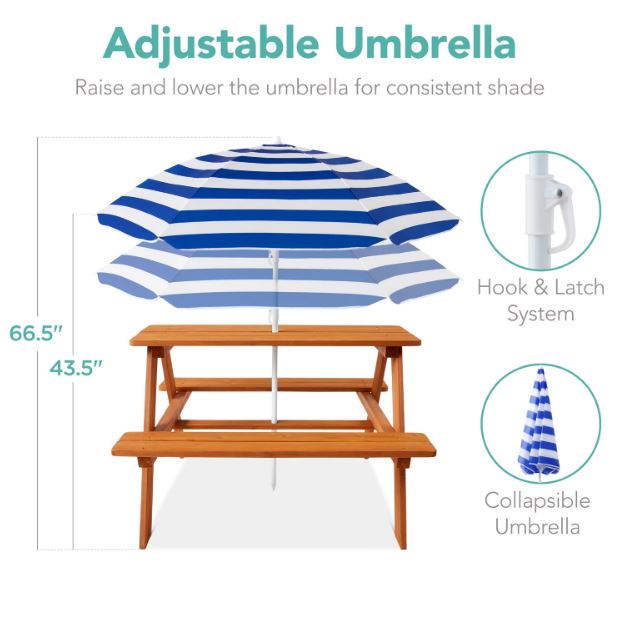 Kids Wooden Outdoor Picnic Table w/ Adjustable Umbrella, Built-In Seats